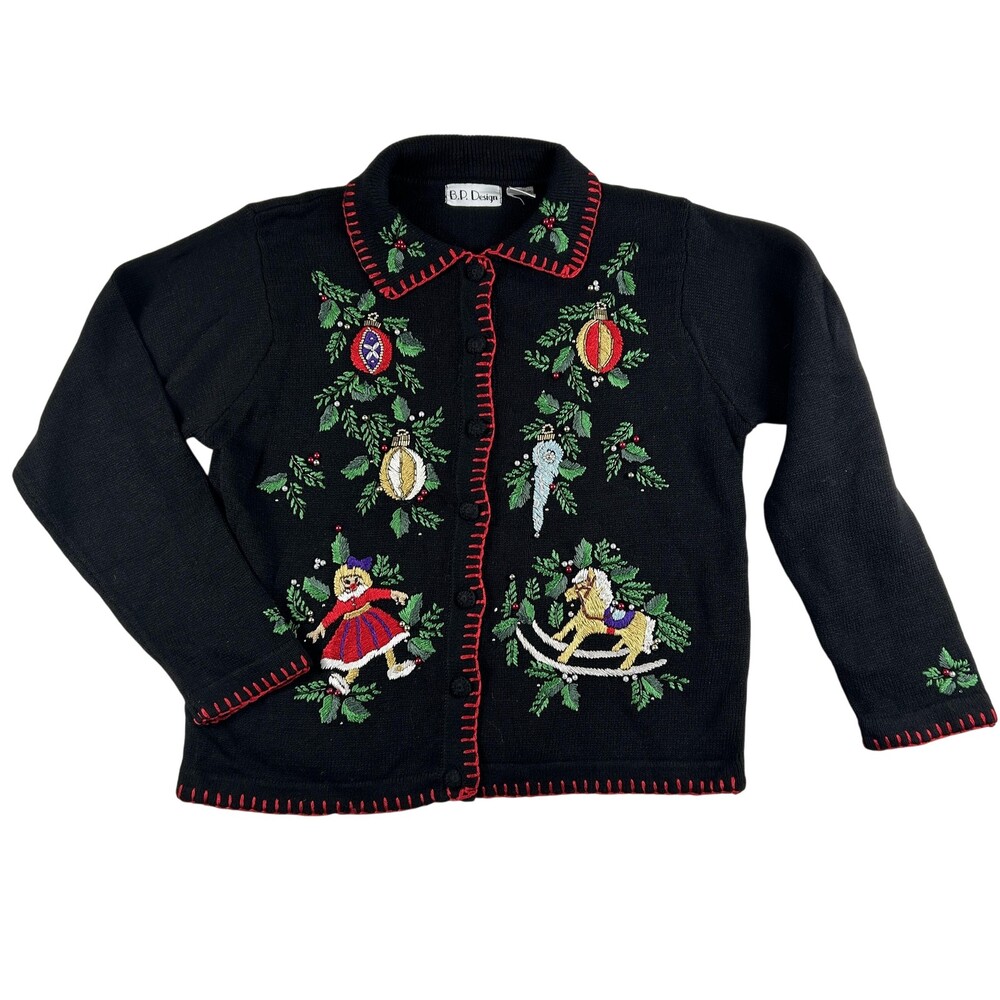 BP Design Sweater Womens Medium Black Christmas Cardigan Embroidered Ornaments
